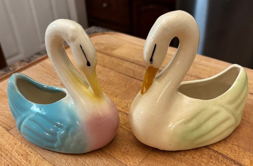 Vintage Shawnee Pottery Pastel Swan Planters Pair 1940s 1950s Mid Century